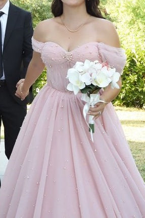 Tulle A-Line Off-Shoulder Empire Pink Wedding Dress