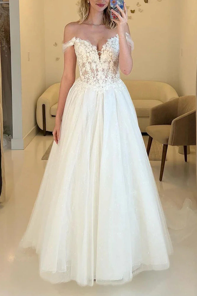 Tulle A-Line Off-Shoulder Lace Appliques Long Wedding Dress