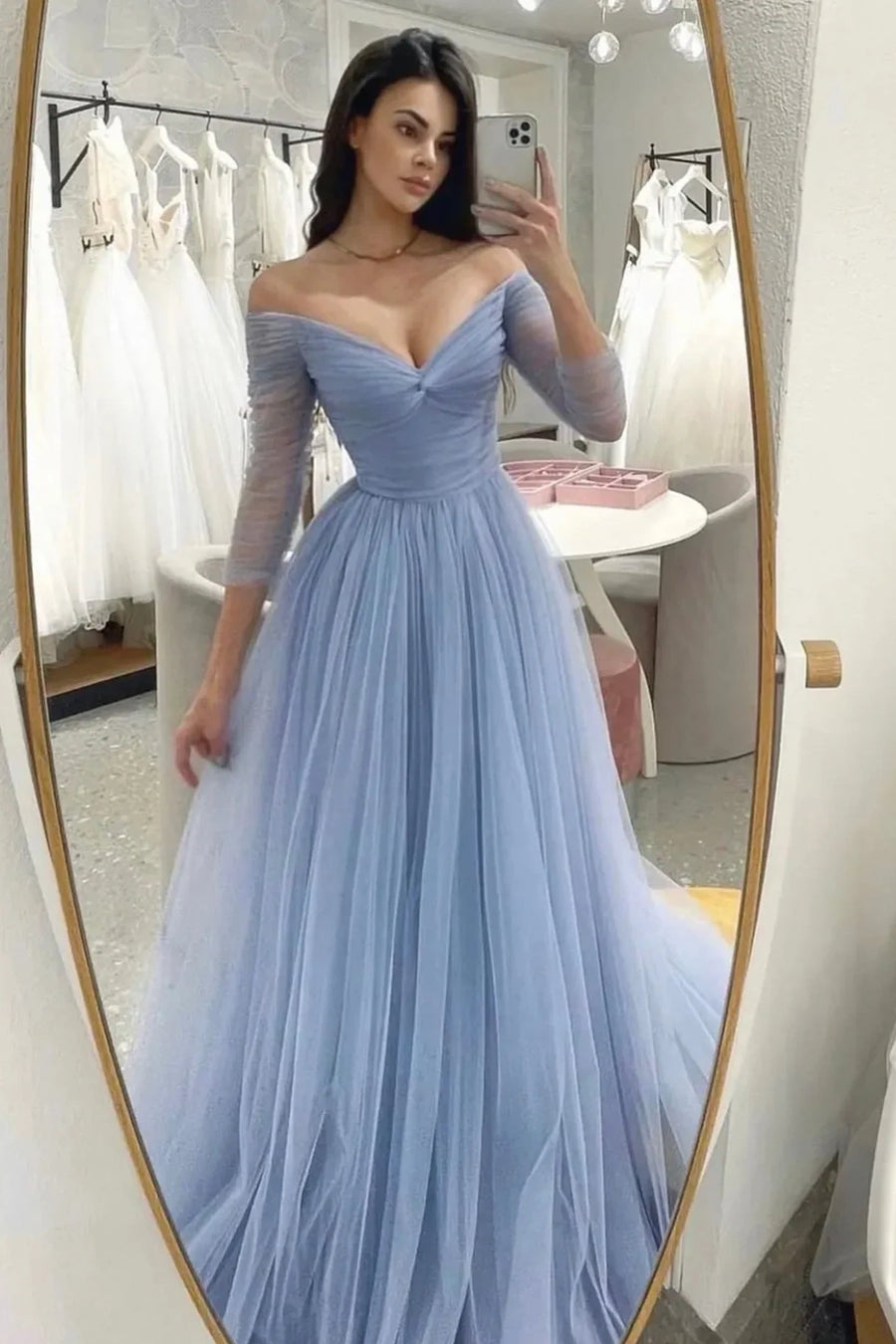 Tulle A-Line Off-Shoulder Quarter Sleeves Party Prom Dress