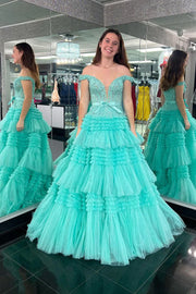 Tulle A-Line Off-Shoulder Tiered Appliques Empire Prom Dress