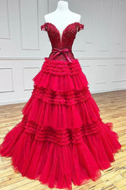 Tulle A-Line Off-Shoulder Tiered Appliques Empire Prom Dress