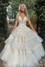 Tulle A-Line Off-Shoulder Tiered Appliques Empire Prom Dress