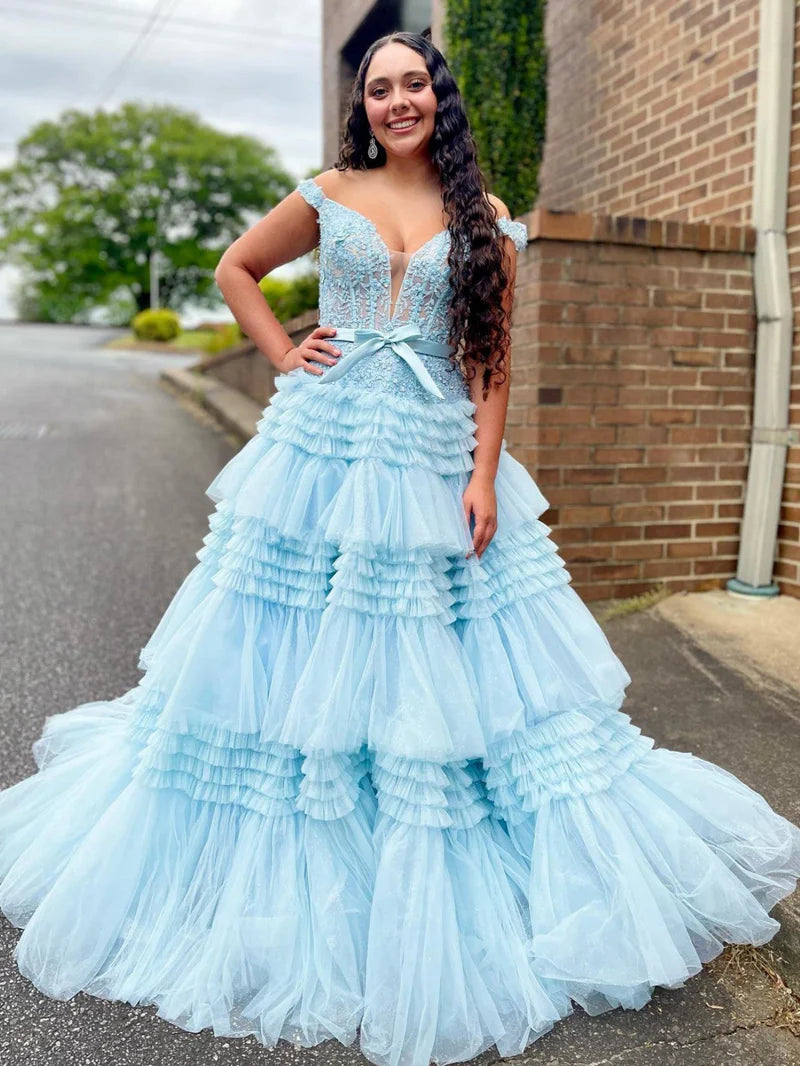 Tulle A-Line Off-Shoulder Tiered Appliques Empire Prom Dress