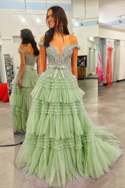 Tulle A-Line Off-Shoulder Tiered Appliques Empire Prom Dress