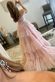 Tulle A-Line Off-Shoulder Tiered Appliques Empire Prom Dress