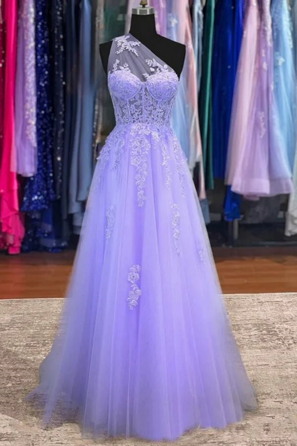 Tulle A-Line One Shoulder Appliques Prom Dress