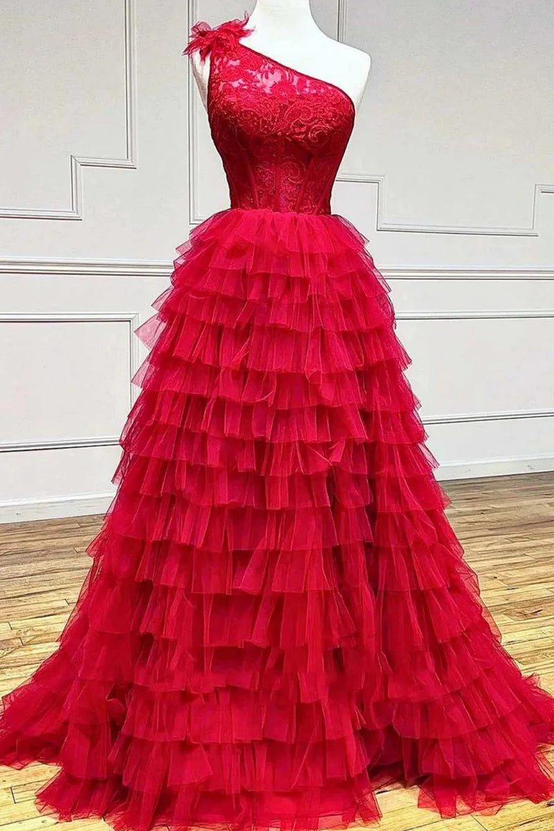 One Shoulder A-Line Empire Tiered Tulle Party Prom Dress