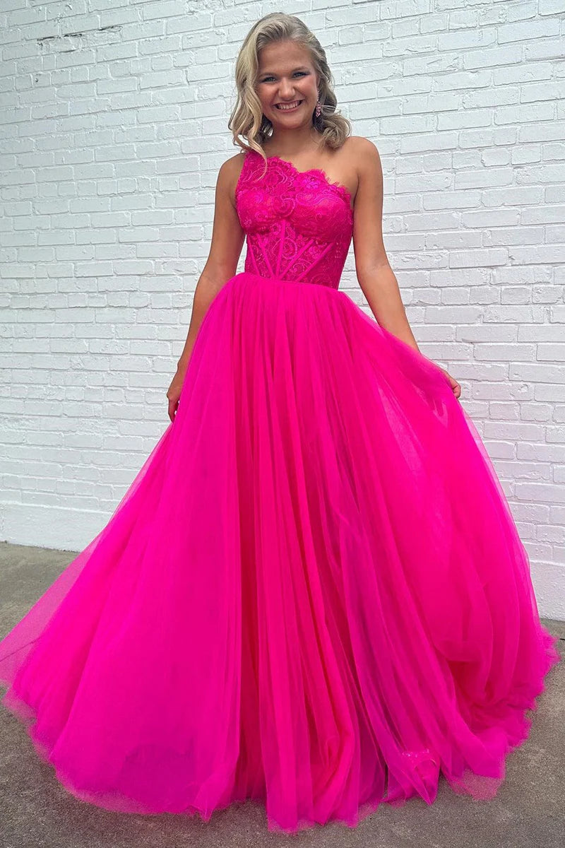 Tulle A-Line One Shoulder Empire Lace Appliques Prom Dress