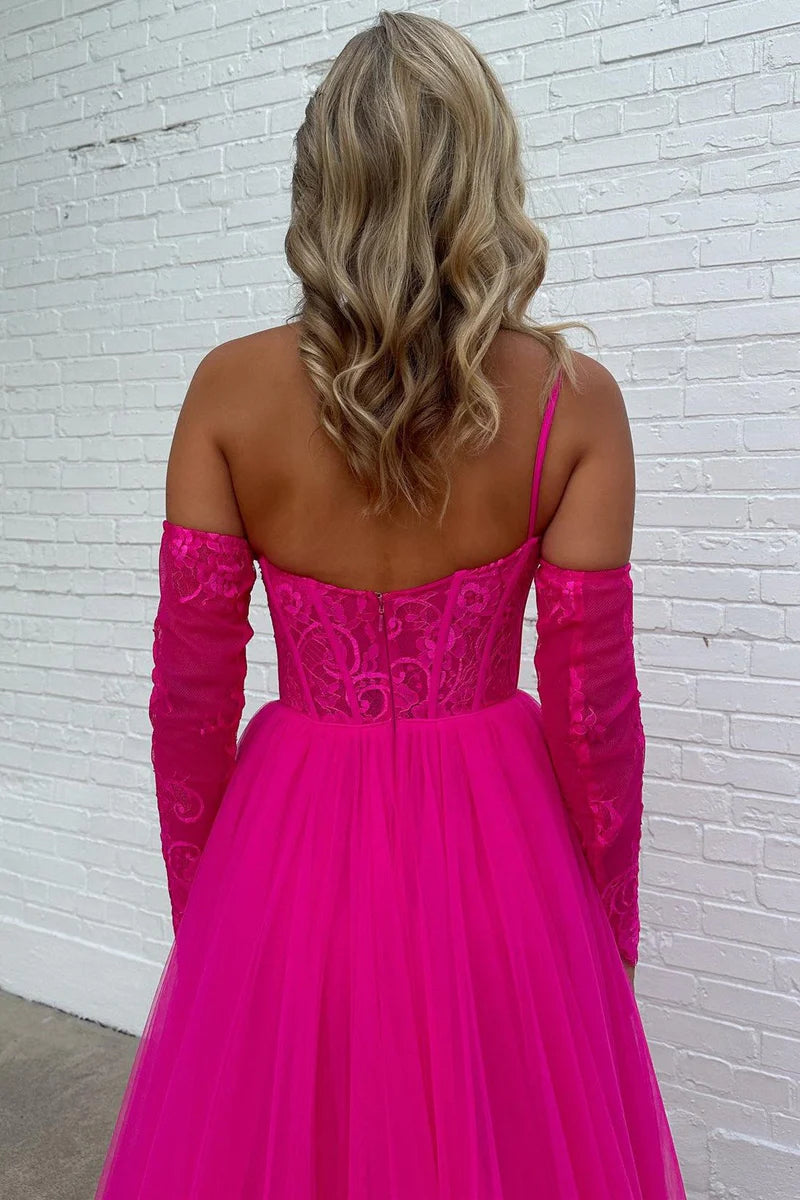 Tulle A-Line One Shoulder Empire Lace Appliques Prom Dress