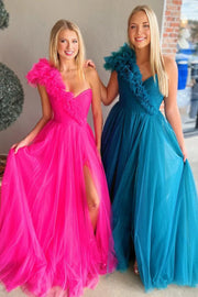 Tulle A-Line One Shoulder Empire With Side Slit Prom Dress