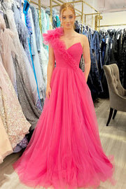 Tulle A-Line One Shoulder Empire With Side Slit Prom Dress