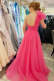 Tulle A-Line One Shoulder Empire With Side Slit Prom Dress