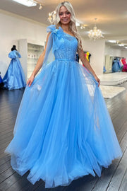 Tulle A-Line One Shoulder Sleeveless Empire Prom Dress