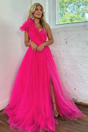 Tulle A-Line One Shoulder Sleeveless Party Prom Dress