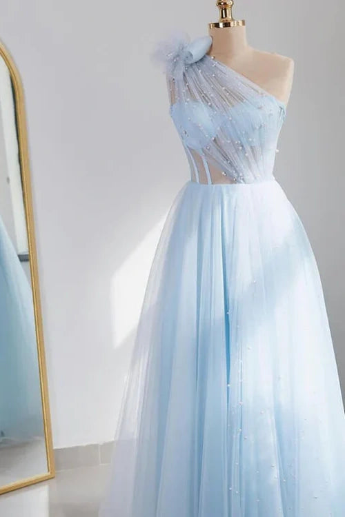 Tulle A-Line One Shoulder Sleeveless Sheer Long Prom Dress