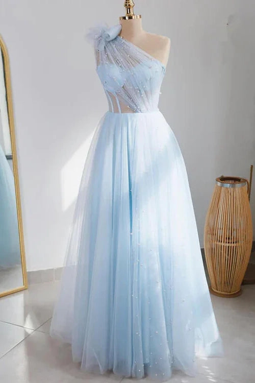 Tulle A-Line One Shoulder Sleeveless Sheer Long Prom Dress