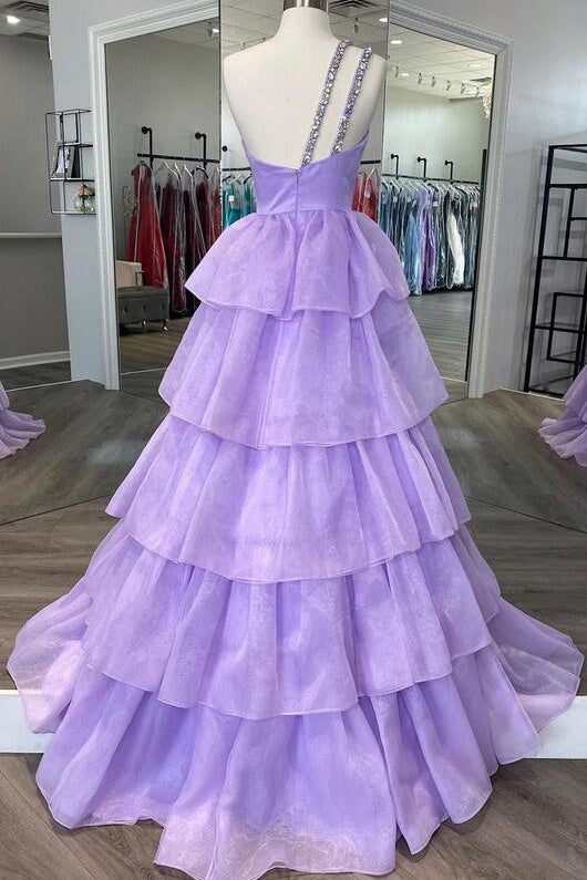 Tulle A-Line One Shoulder Sleeveless Tiered Prom Dress