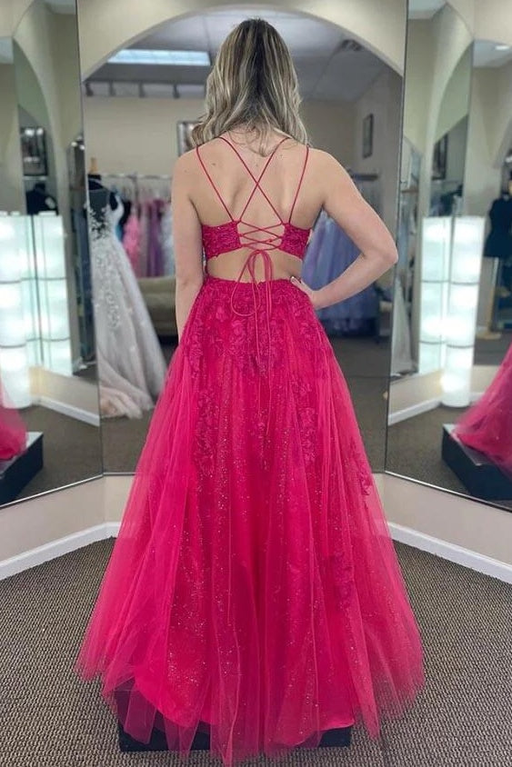 Tulle A-Line Sleeveless Lace Up Appliques Party Prom Dress With Slit