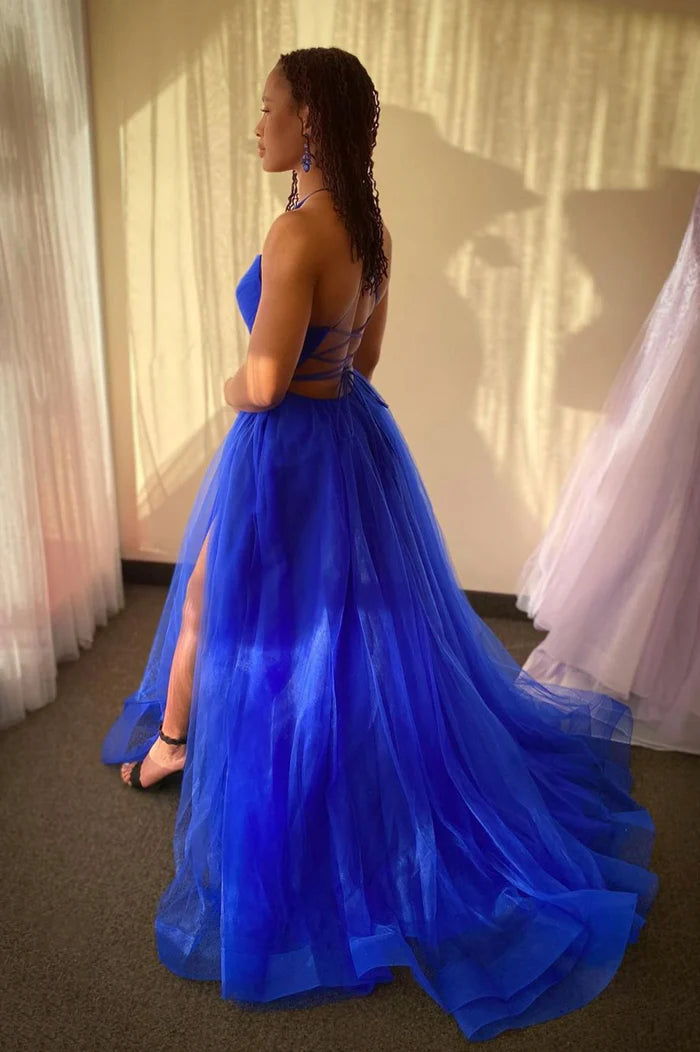 Tulle A-Line Sleeveless Lace Up Prom Dress With Slit