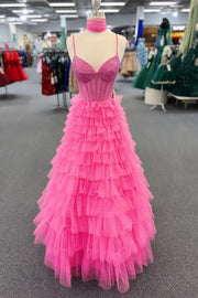 Tulle A-Line Spaghetti Strapless Beaded Long Tiered Prom Dress