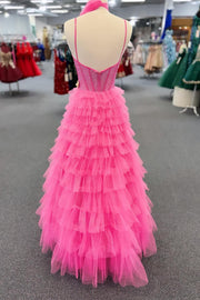 Tulle A-Line Spaghetti Strapless Beaded Long Tiered Prom Dress