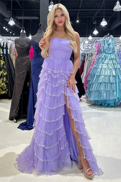 Tulle A-Line Strapless Empire Tiered Party Prom Dress With Slit