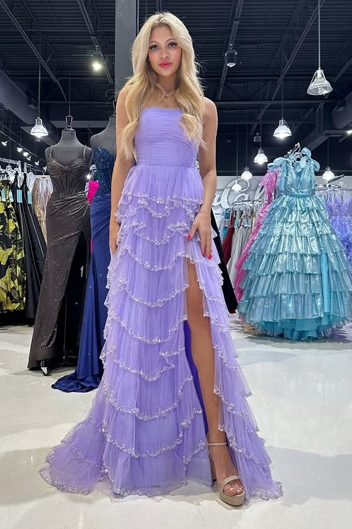 Tulle A-Line Strapless Empire Tiered Party Prom Dress With Slit