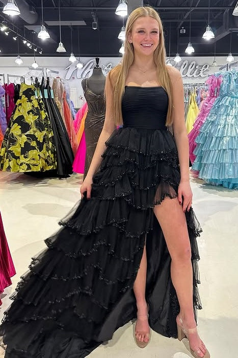 Tulle A-Line Strapless Empire Tiered Party Prom Dress With Slit