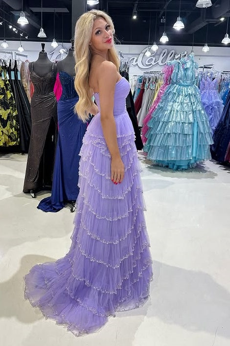 Tulle A-Line Strapless Empire Tiered Party Prom Dress With Slit