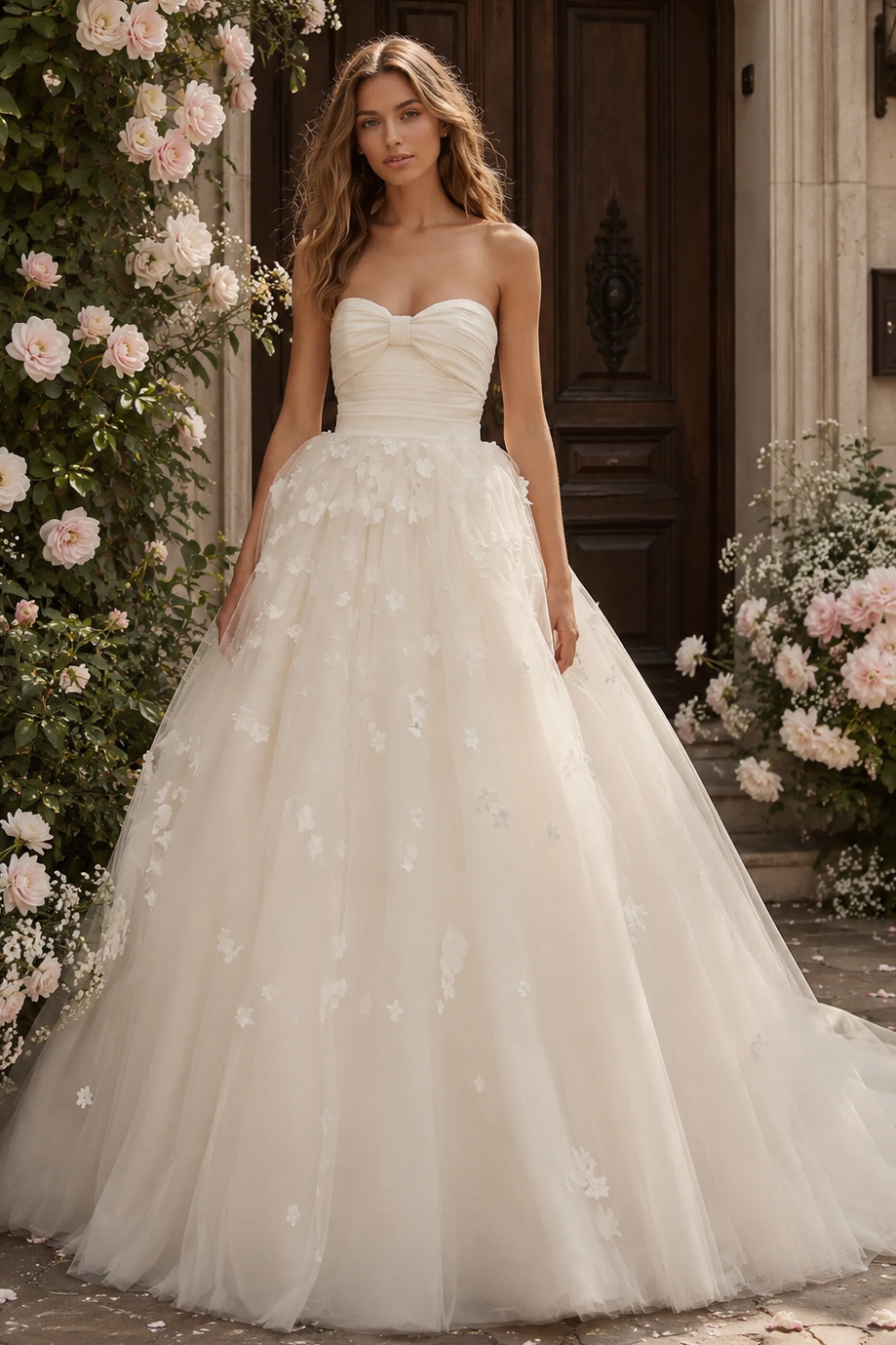 Tulle A-Line Strapless Lace Appliques A-Line Summer Wedding Dress