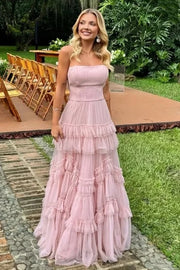 Tulle A-Line Strapless Ruffle Floor-Length Prom Party Dress