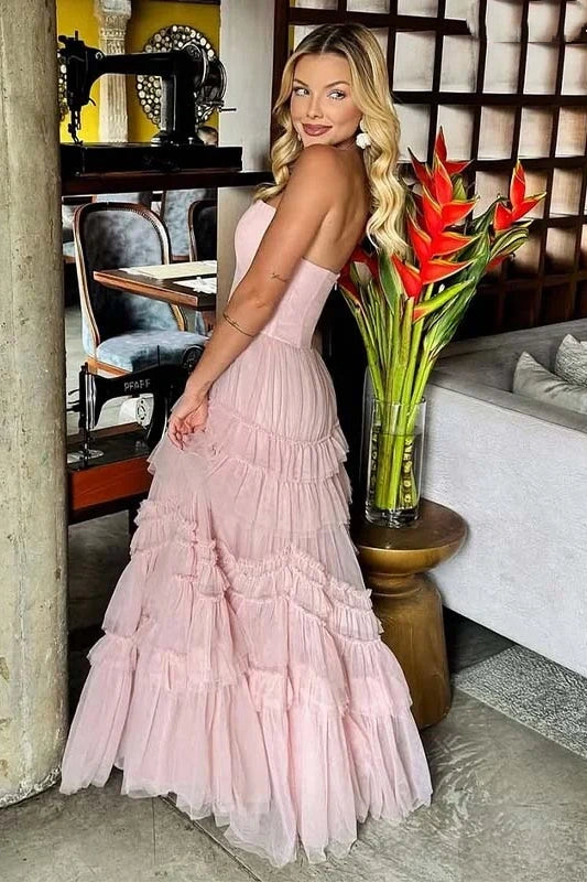 Tulle A-Line Strapless Ruffle Floor-Length Prom Party Dress