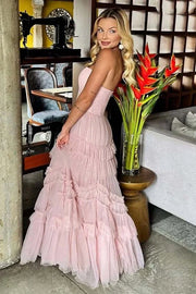 Tulle A-Line Strapless Ruffle Floor-Length Prom Party Dress