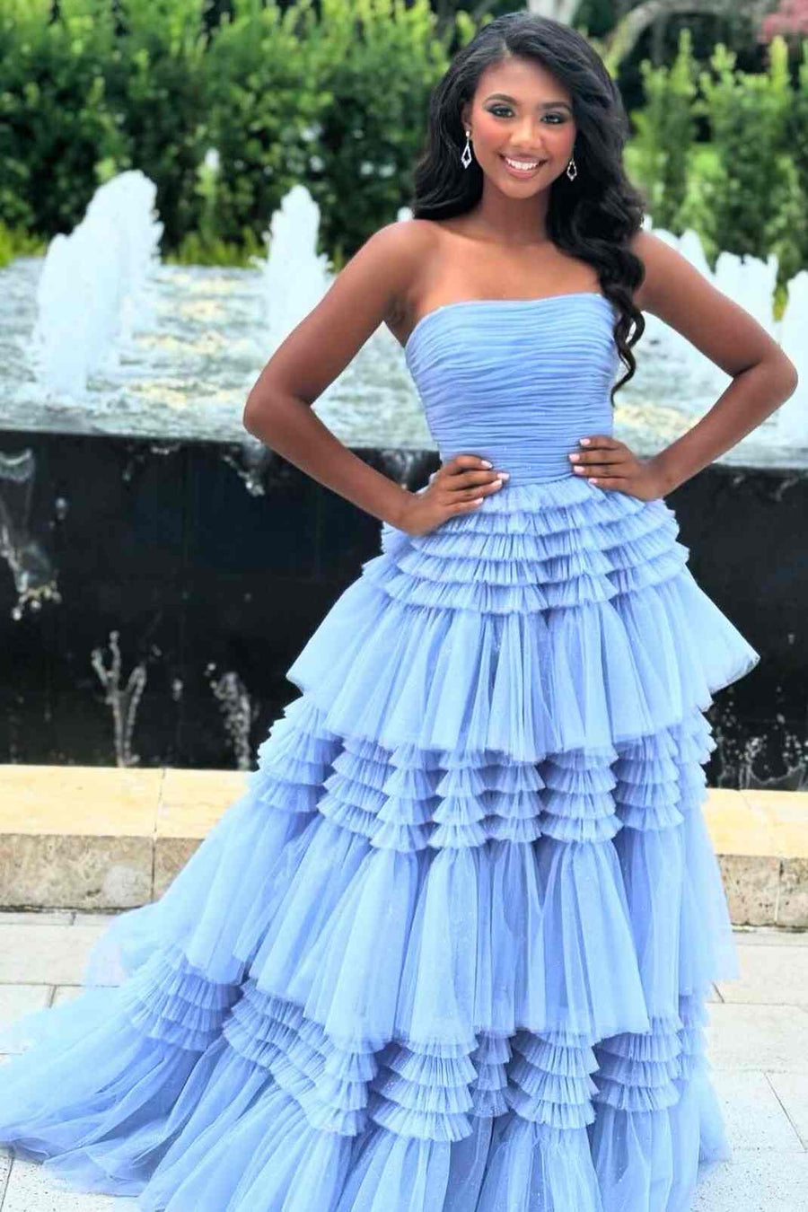 Tulle A-Line Strapless Tiered Prom Gown With Slit