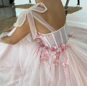 Tulle A-Line Sweetheart Bow Straps 3D Floral Party Prom Dress