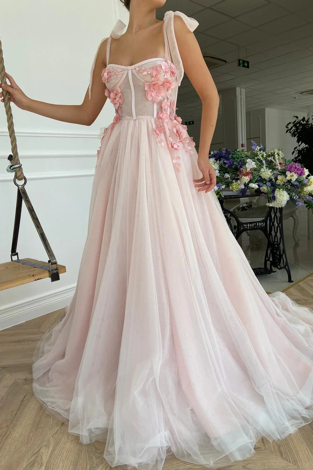 Tulle A-Line Sweetheart Bow Straps 3D Floral Party Prom Dress
