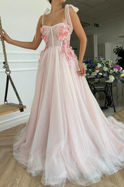 Tulle A-Line Sweetheart Bow Straps 3D Floral Party Prom Dress