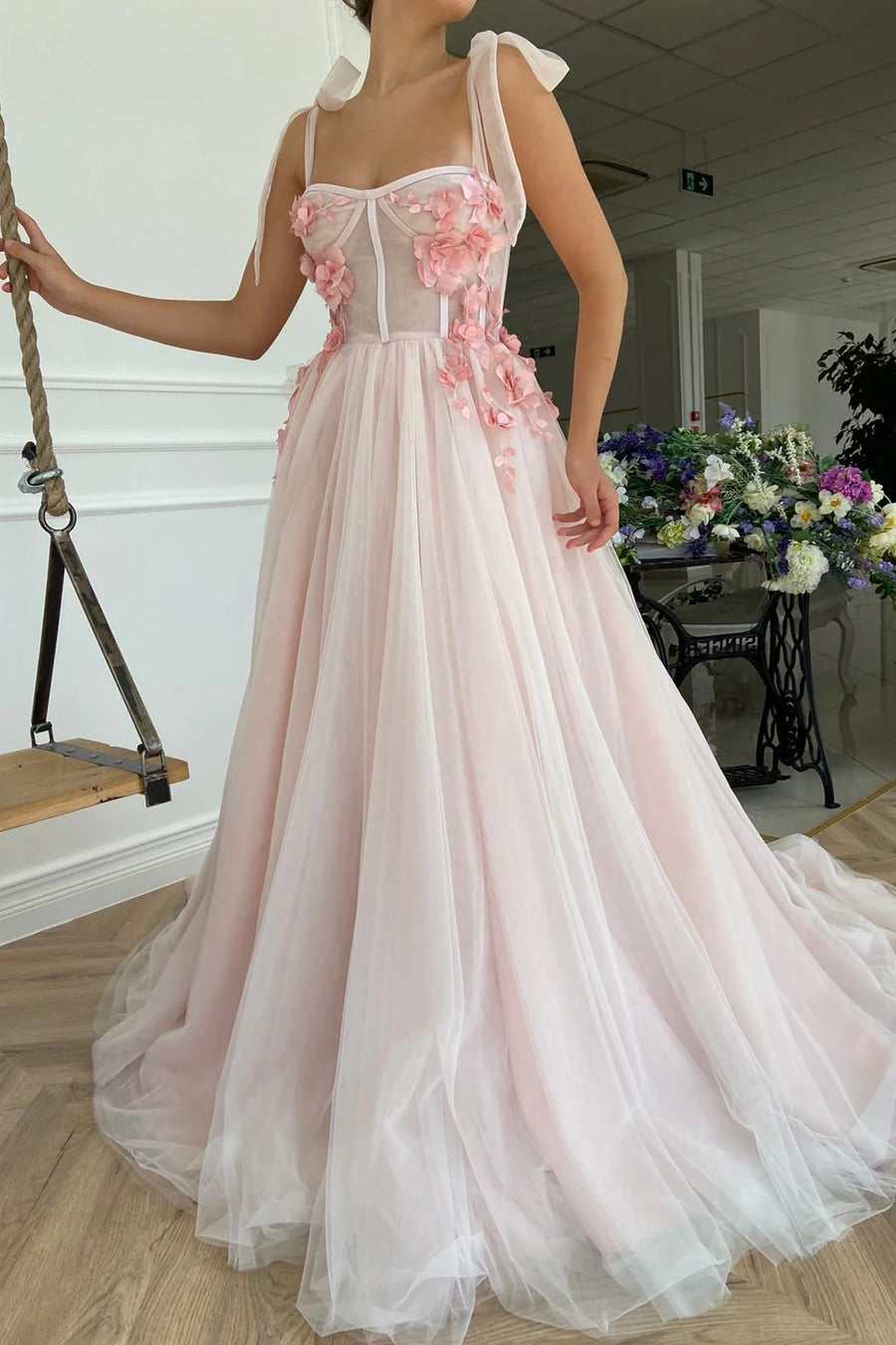 Tulle A-Line Sweetheart Bow Straps 3D Floral Party Prom Dress