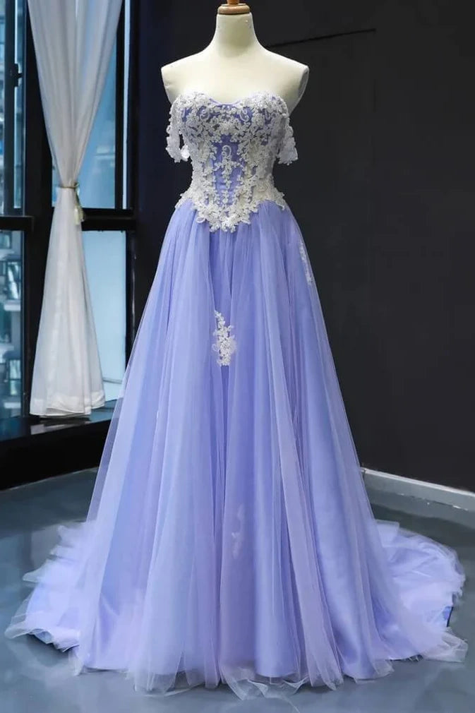 Tulle A-Line Sweetheart Off-Shoulder Lace Appliques Prom Dress