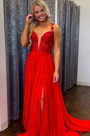 Tulle A-Line Sweetheart Spaghetti Straps Appliques Prom Dress