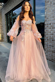 Tulle A-Line Sweetheart Strapless Appliques Prom Dress