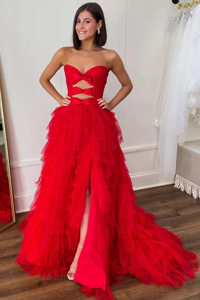 Tulle A-Line Sweetheart Strapless Empire Tiered Prom Dress