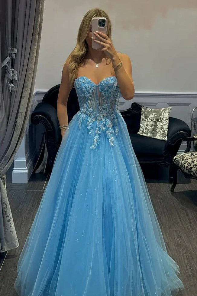 Tulle A-Line Sweetheart Strapless Lace Appliques Long Party Prom Dress