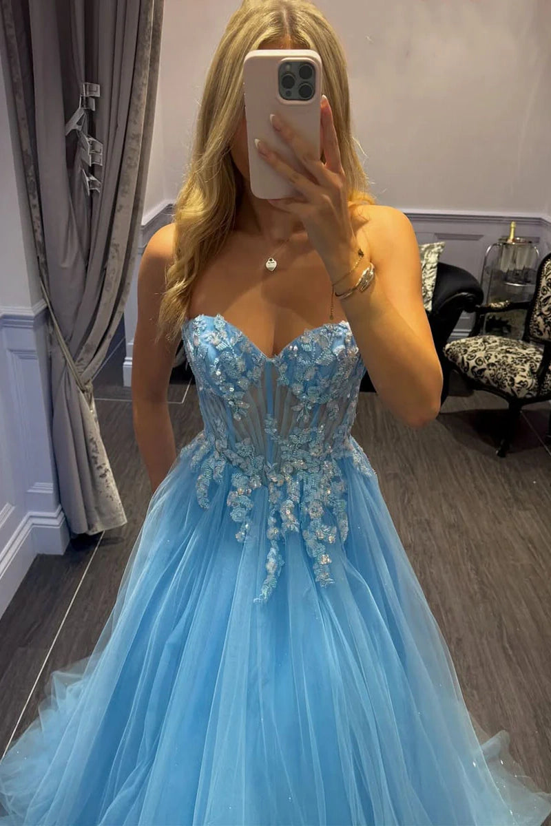 Tulle A-Line Sweetheart Strapless Lace Appliques Long Party Prom Dress