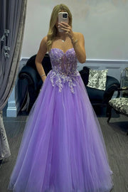 Tulle A-Line Sweetheart Strapless Lace Appliques Long Party Prom Dress