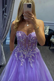 Tulle A-Line Sweetheart Strapless Lace Appliques Long Party Prom Dress