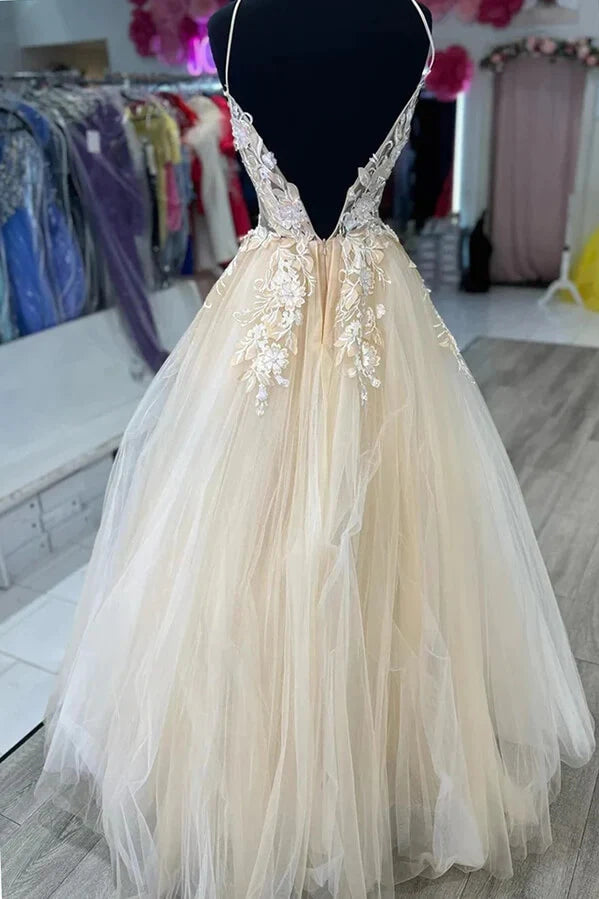 Tulle A-Line V-Neck Backless Appliques Prom Dress