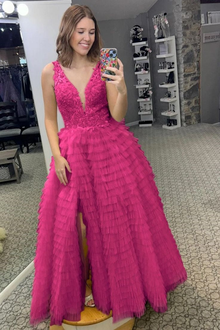 Tulle A-Line V-Neck Backless Appliques Tiered Party Prom Dress