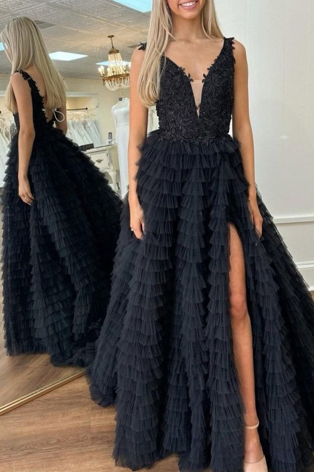 Tulle A-Line V-Neck Backless Appliques Tiered Party Prom Dress