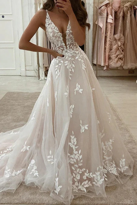 Elegant A-Line V Neck Wedding Dresses with Appliques Diamond White / 16 Elegant A-Line V Neck Wedding Dresses with Appliques Diamond White / 16